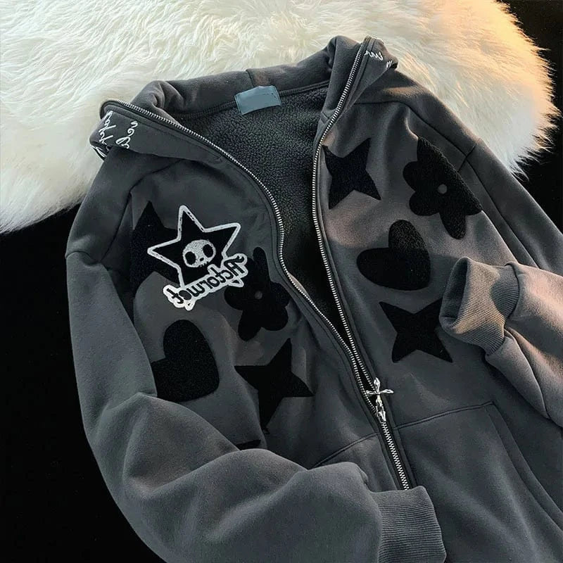 American Vintage Embroidery Zip up Hoodie High Quality Jacket Women Oversized Star Print Sweatshirt Goth Harajuku Y2k Streetwear