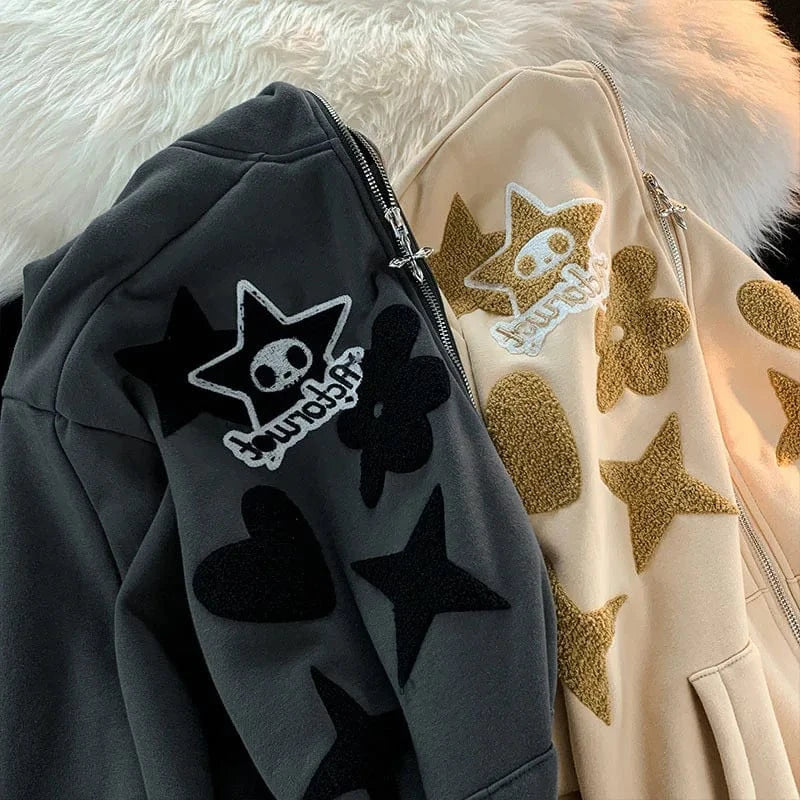 American Vintage Embroidery Zip up Hoodie High Quality Jacket Women Oversized Star Print Sweatshirt Goth Harajuku Y2k Streetwear