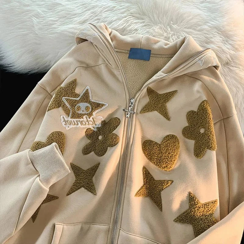 American Vintage Embroidery Zip up Hoodie High Quality Jacket Women Oversized Star Print Sweatshirt Goth Harajuku Y2k Streetwear
