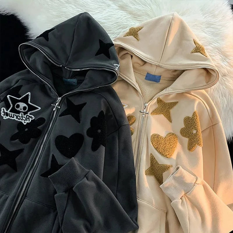 American Vintage Embroidery Zip up Hoodie High Quality Jacket Women Oversized Star Print Sweatshirt Goth Harajuku Y2k Streetwear