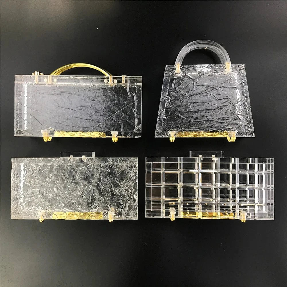 Amiqi HM21 New Designer Ice Cracked Crystal Evening Clear Clutch Acrylic Bags Clear Acrylic Transparent Bag
