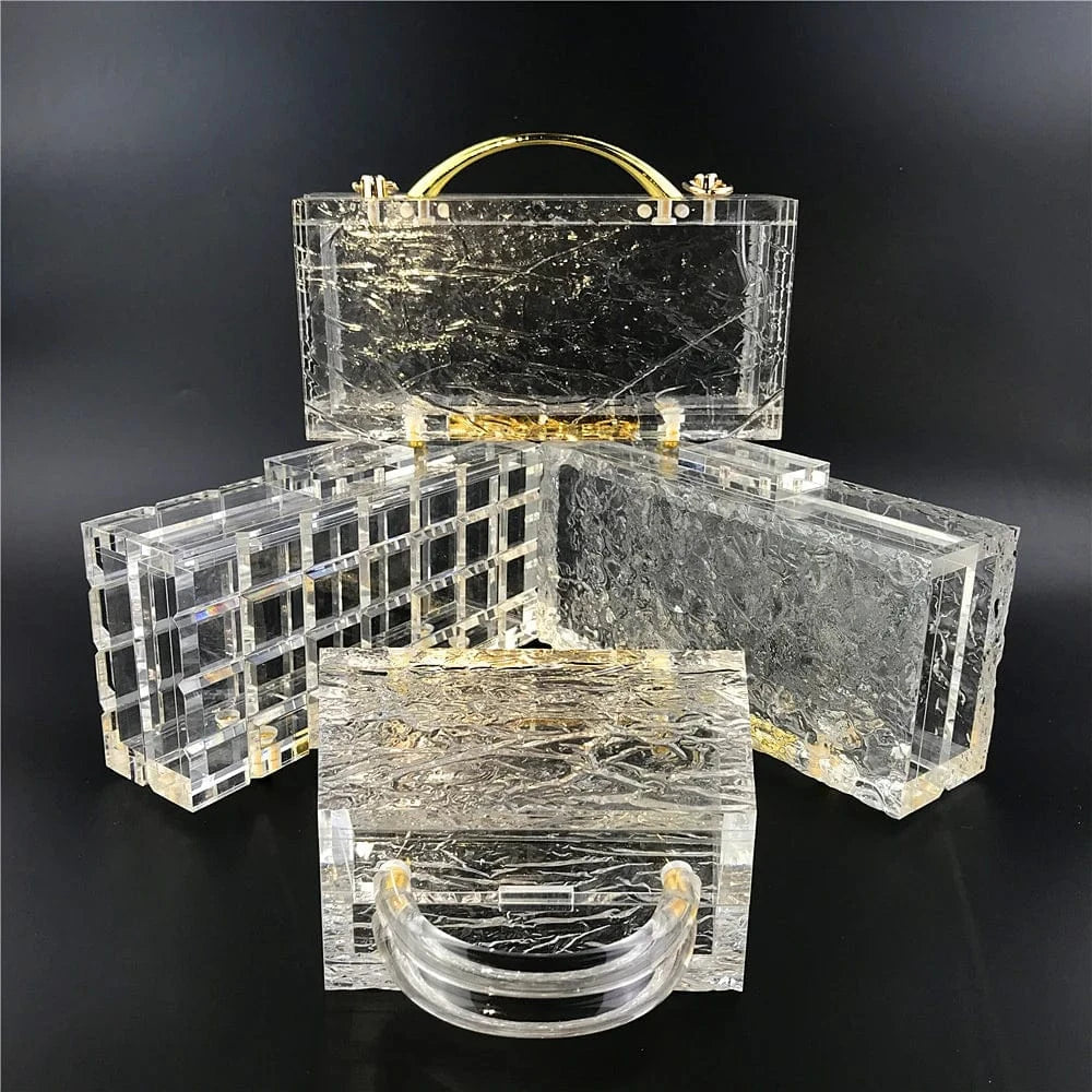 Amiqi HM21 New Designer Ice Cracked Crystal Evening Clear Clutch Acrylic Bags Clear Acrylic Transparent Bag