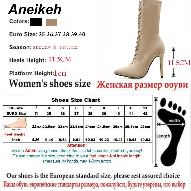 Aneikeh 2023 Autumn Fashion Ankle Pointed Toe Shoes Stretch Cross-Tied Lace-Up Stiletto High Heel Cotton Fabric Women's Boots