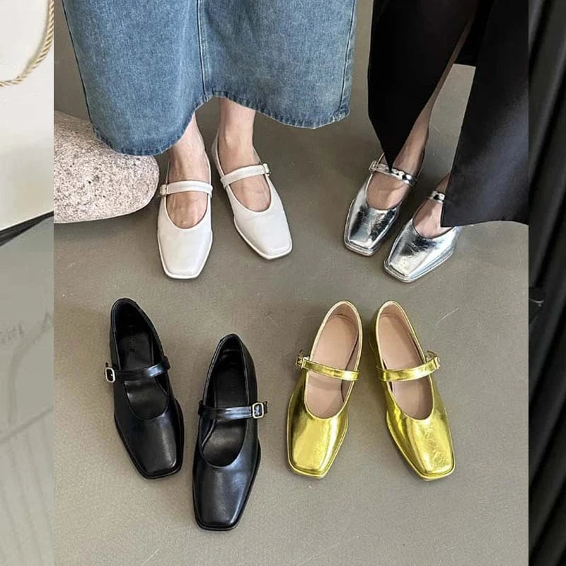 Aneikeh 2023 PU Shallow Spring/Autumn Square Head Buckle Strap Single Shoes Zapatos Women New Mary Jane Flat Retro Dance Shoes