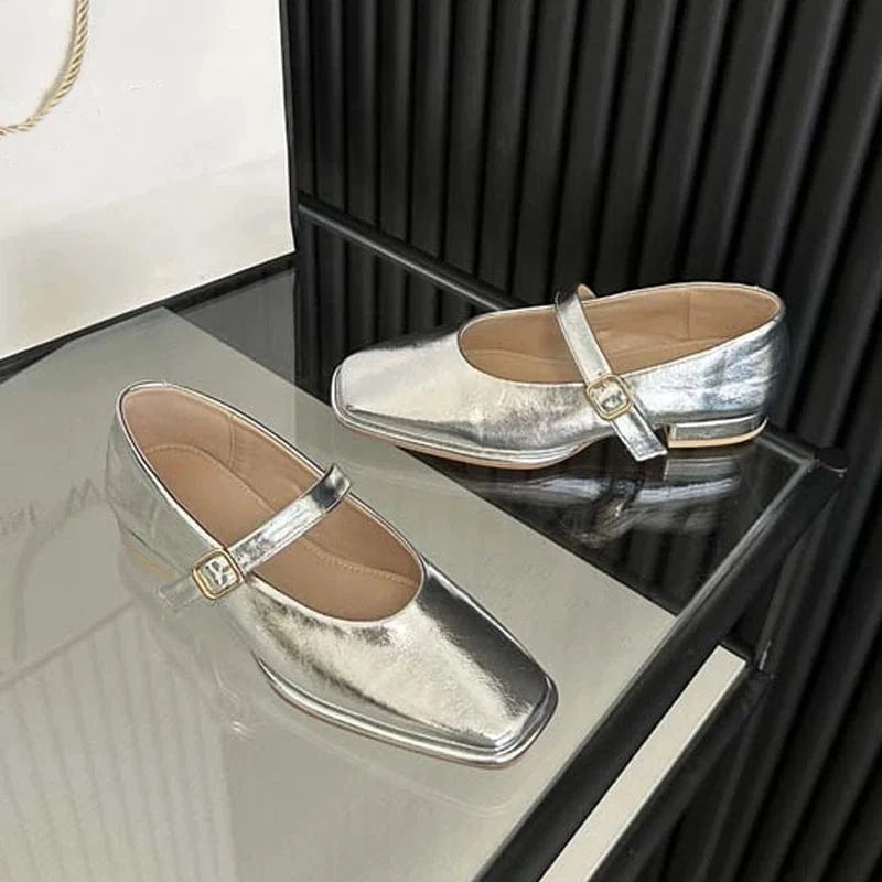 Aneikeh 2023 PU Shallow Spring/Autumn Square Head Buckle Strap Single Shoes Zapatos Women New Mary Jane Flat Retro Dance Shoes