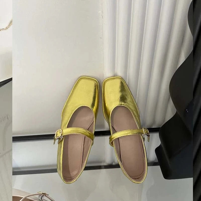 Aneikeh 2023 PU Shallow Spring/Autumn Square Head Buckle Strap Single Shoes Zapatos Women New Mary Jane Flat Retro Dance Shoes