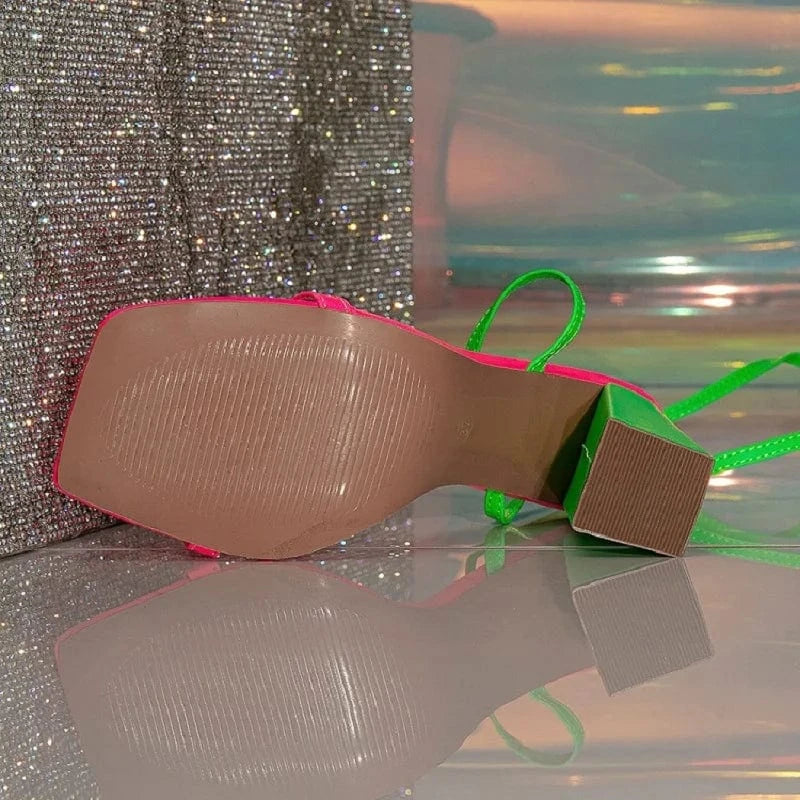 Aneikeh 35-42 Size Square Head Thick Heel Gladiator Sandals Party Shoes Women's PU Mixed Colors Lace Up High Heels 2023 Summer