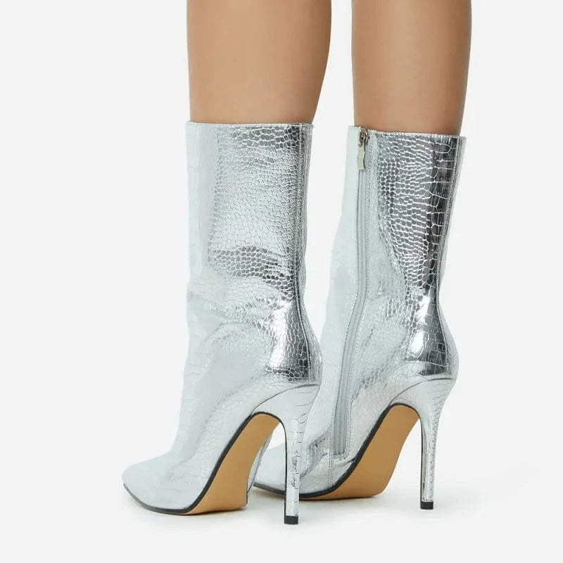 Aneikeh 36-42 Party Ball Women Checkered Fashion Sexy PU Snake Skin Pattern Mid-Calf Modern Boots 2024 Pointed Thin Heels Boots