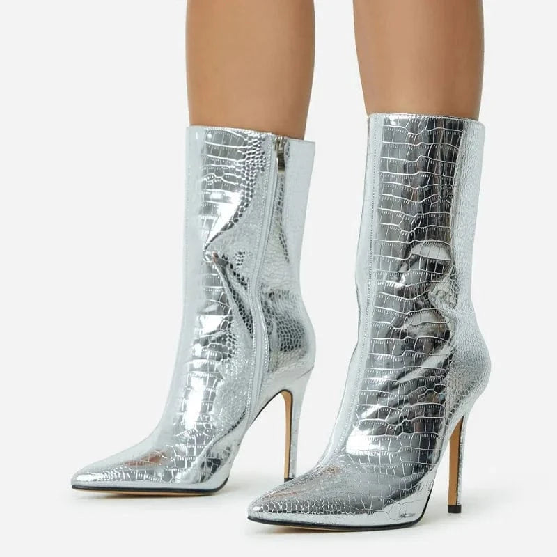 Aneikeh 36-42 Party Ball Women Checkered Fashion Sexy PU Snake Skin Pattern Mid-Calf Modern Boots 2024 Pointed Thin Heels Boots