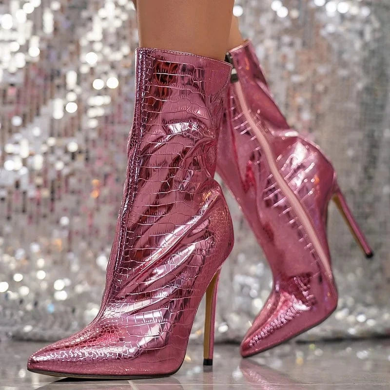 Aneikeh 36-42 Party Ball Women Checkered Fashion Sexy PU Snake Skin Pattern Mid-Calf Modern Boots 2024 Pointed Thin Heels Boots