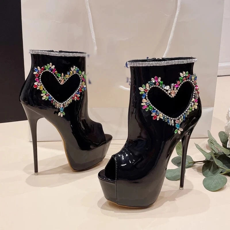 Aneikeh Black 2024 NEW Party Heart-Shaped Crystal Rhinestone Platform Super High Heel Ankle Boots Women PU Peep Toe Short Boot