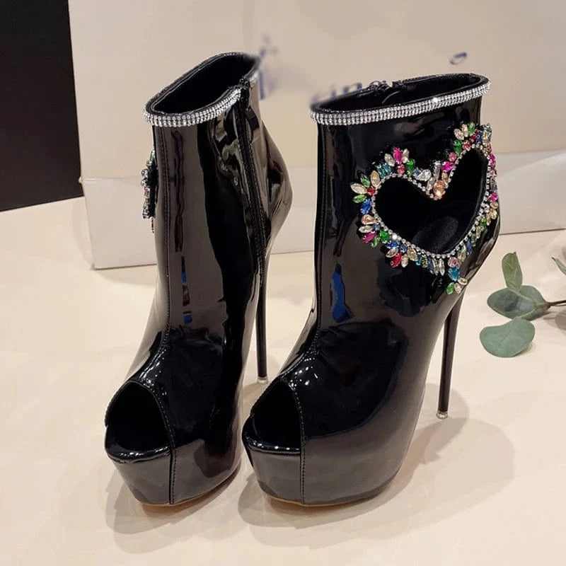 Aneikeh Black 2024 NEW Party Heart-Shaped Crystal Rhinestone Platform Super High Heel Ankle Boots Women PU Peep Toe Short Boot