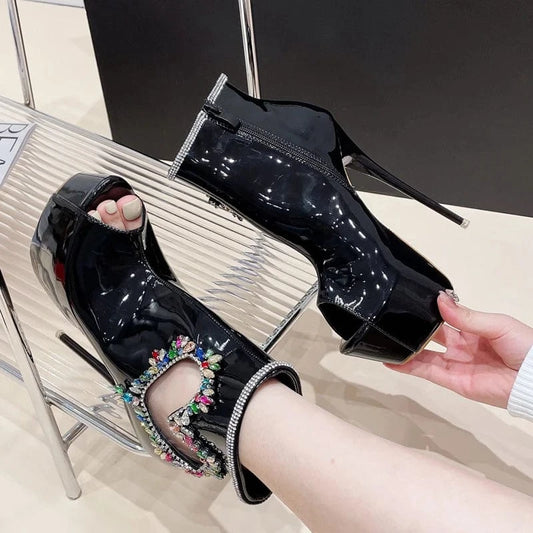 Aneikeh Black 2024 NEW Party Heart-Shaped Crystal Rhinestone Platform Super High Heel Ankle Boots Women PU Peep Toe Short Boot