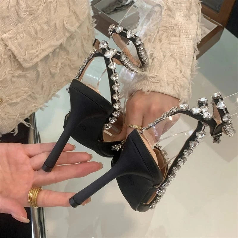 Aneikeh Black Bling Sweet Flock Slip-On Party Solid Slingback Cross-Tied Women Shoes Pointed Toe Shallow Shoes NEW 2024 Fashion