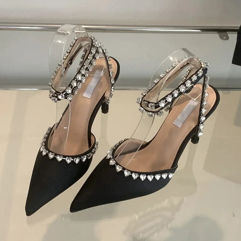 Aneikeh Black Bling Sweet Flock Slip-On Party Solid Slingback Cross-Tied Women Shoes Pointed Toe Shallow Shoes NEW 2024 Fashion