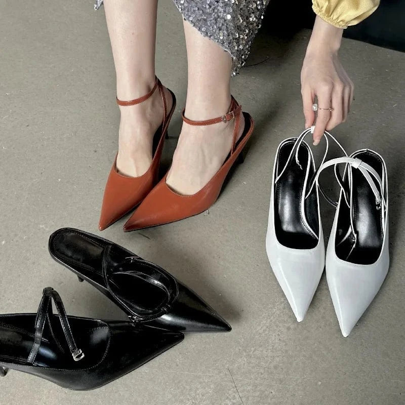 Aneikeh Buckle Strap Sandalias Wedding T-Tied Concise PU Shallow Pointed Toe High Heels Women Sandals Shoes Party Summer 2024