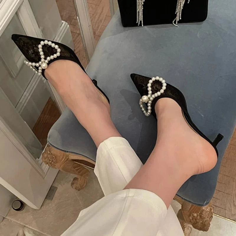 Aneikeh Dress Party Pointed Slingbacks Slim High Heels PVC Spring/Summer Wedding Fashion Elegant Pearl Bow Pumps 2023 Women Lace