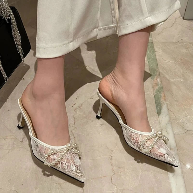 Aneikeh Dress Party Pointed Slingbacks Slim High Heels PVC Spring/Summer Wedding Fashion Elegant Pearl Bow Pumps 2023 Women Lace