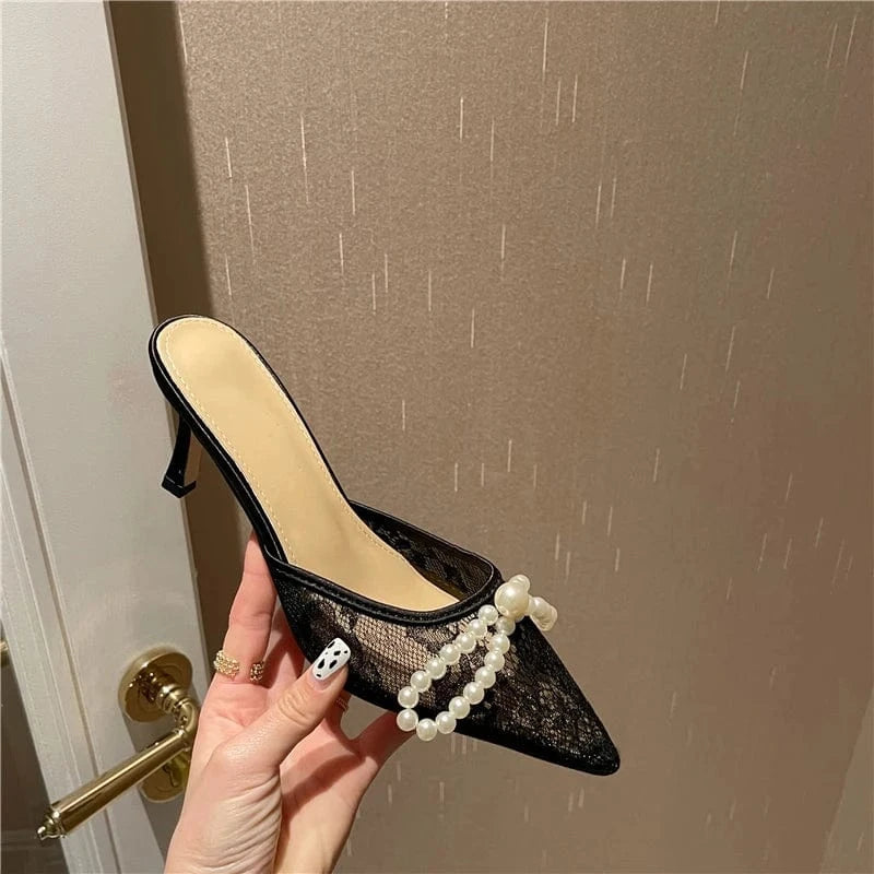 Aneikeh Dress Party Pointed Slingbacks Slim High Heels PVC Spring/Summer Wedding Fashion Elegant Pearl Bow Pumps 2023 Women Lace