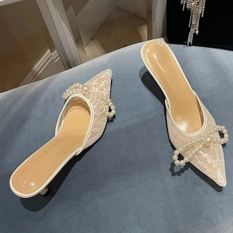 Aneikeh Dress Party Pointed Slingbacks Slim High Heels PVC Spring/Summer Wedding Fashion Elegant Pearl Bow Pumps 2023 Women Lace
