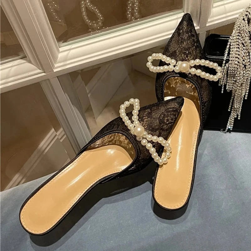 Aneikeh Dress Party Pointed Slingbacks Slim High Heels PVC Spring/Summer Wedding Fashion Elegant Pearl Bow Pumps 2023 Women Lace