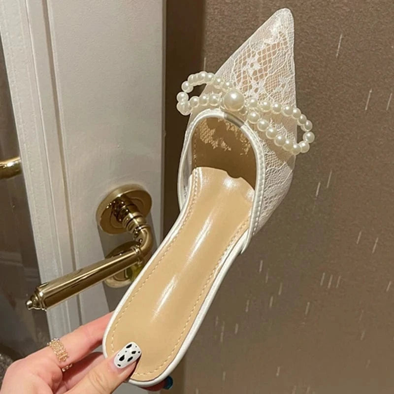 Aneikeh Dress Party Pointed Slingbacks Slim High Heels PVC Spring/Summer Wedding Fashion Elegant Pearl Bow Pumps 2023 Women Lace