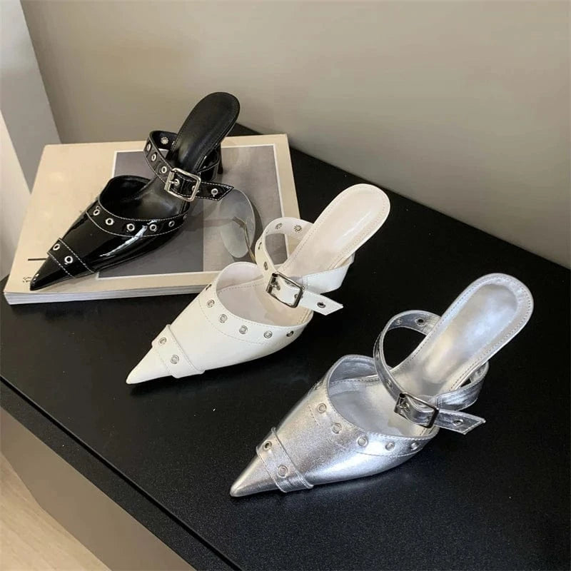Aneikeh Fashion Black Sewing Mary Jane Chain Buckle Women Shallow Pointed Toe Hollow Slip-On Sandals Pumps NEW Summer Lady Shoes