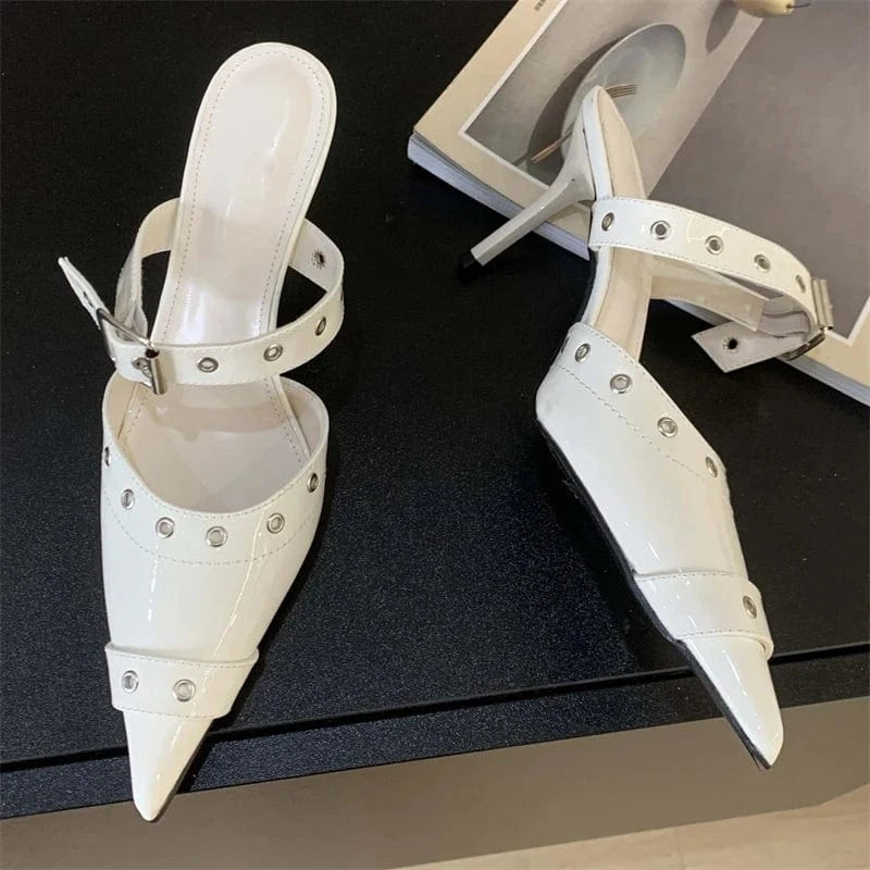 Aneikeh Fashion Black Sewing Mary Jane Chain Buckle Women Shallow Pointed Toe Hollow Slip-On Sandals Pumps NEW Summer Lady Shoes