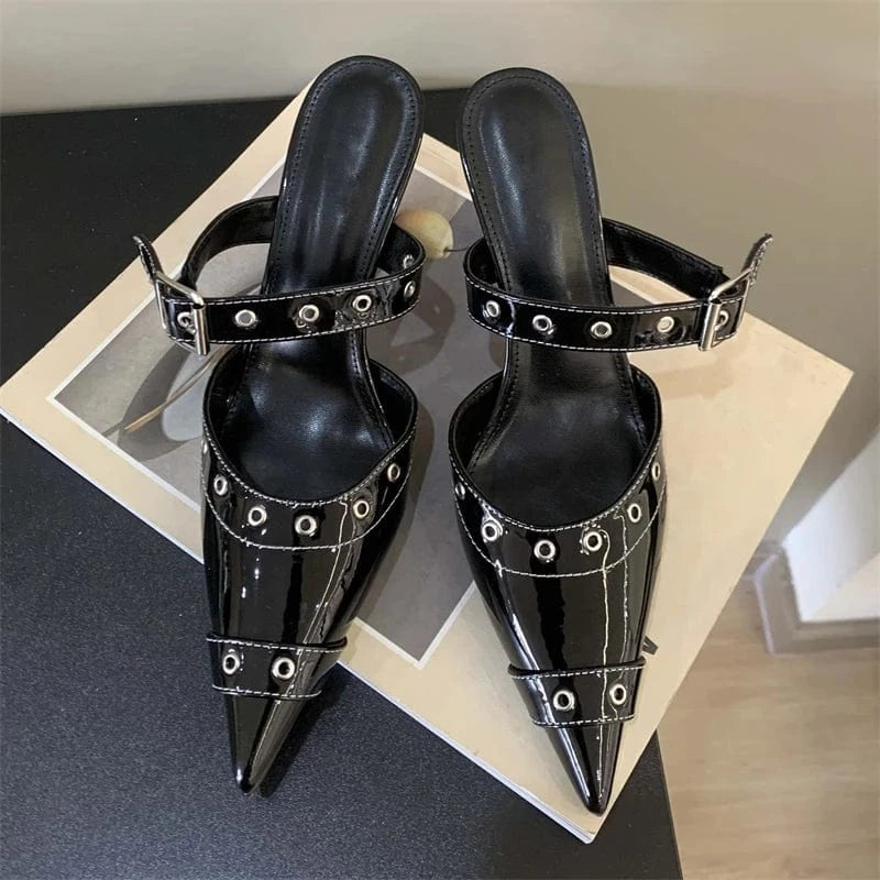 Aneikeh Fashion Black Sewing Mary Jane Chain Buckle Women Shallow Pointed Toe Hollow Slip-On Sandals Pumps NEW Summer Lady Shoes