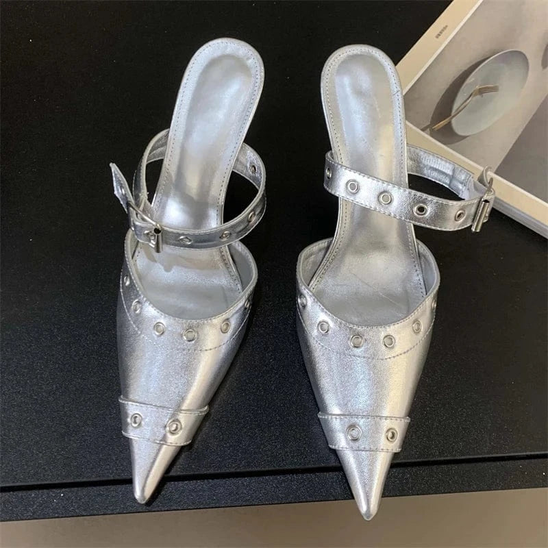 Aneikeh Fashion Black Sewing Mary Jane Chain Buckle Women Shallow Pointed Toe Hollow Slip-On Sandals Pumps NEW Summer Lady Shoes