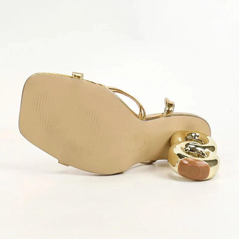 Aneikeh Gold PU Hollow out Heels Thin Belt Buckle Straight Belt Sandals High-heeled Narrow Band Shoes NEW 2024 Summer Fashion