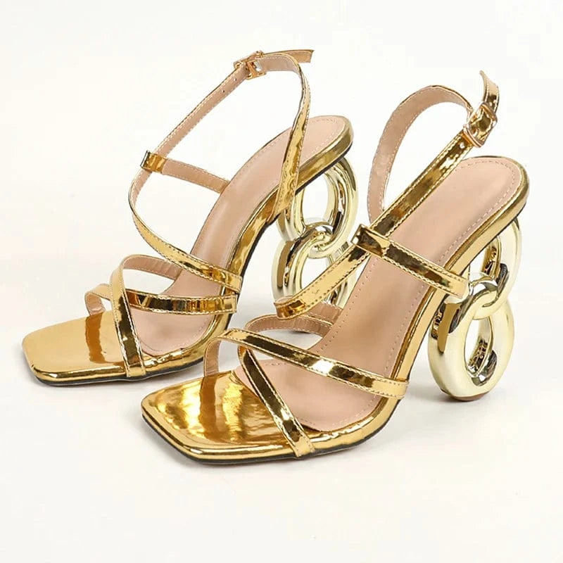 Aneikeh Gold PU Hollow out Heels Thin Belt Buckle Straight Belt Sandals High-heeled Narrow Band Shoes NEW 2024 Summer Fashion