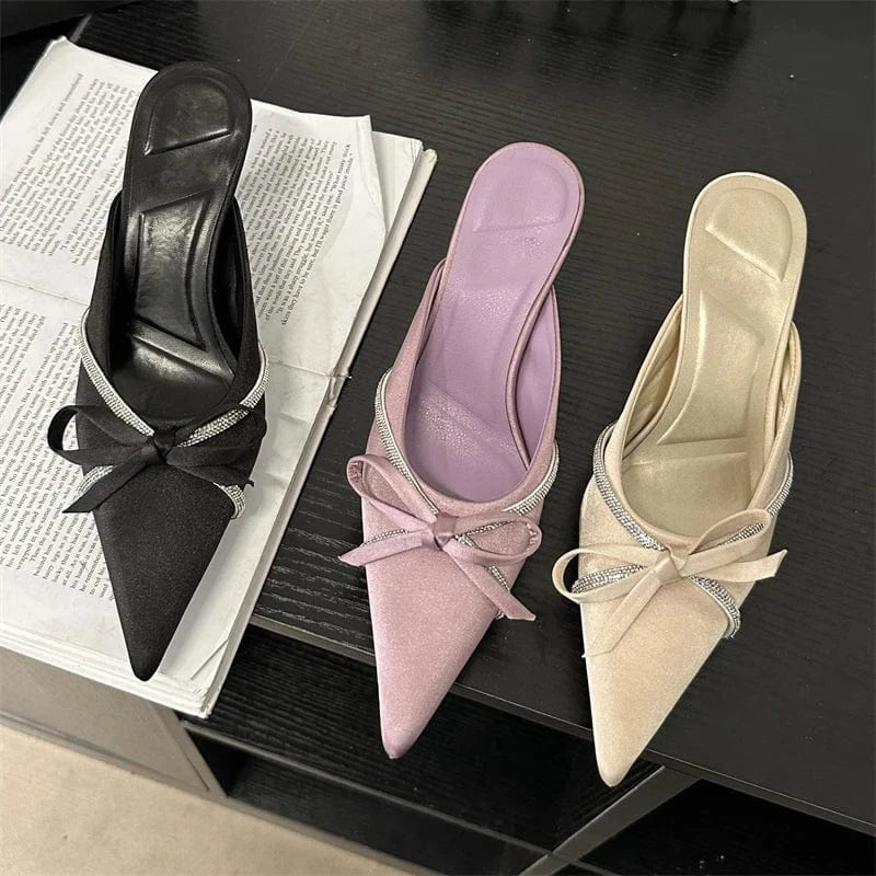 Aneikeh Party Bling Slip-On Butterfly-Knot Sweet Solid Flock Slingback Women Shoes Pointed Toe Leisure Shallow Shoes Fashion