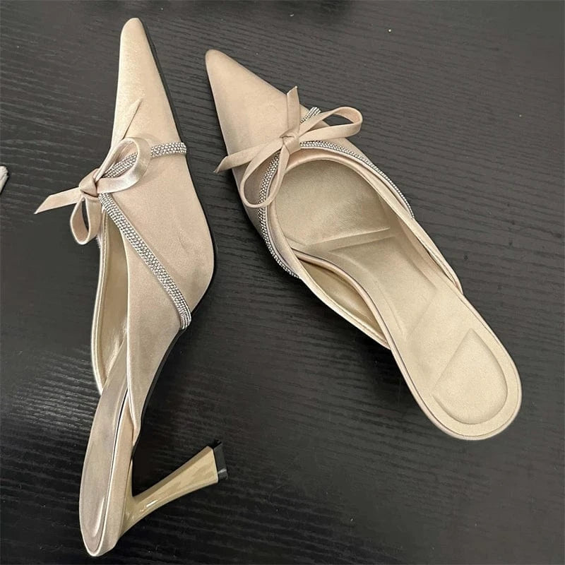 Aneikeh Party Bling Slip-On Butterfly-Knot Sweet Solid Flock Slingback Women Shoes Pointed Toe Leisure Shallow Shoes Fashion
