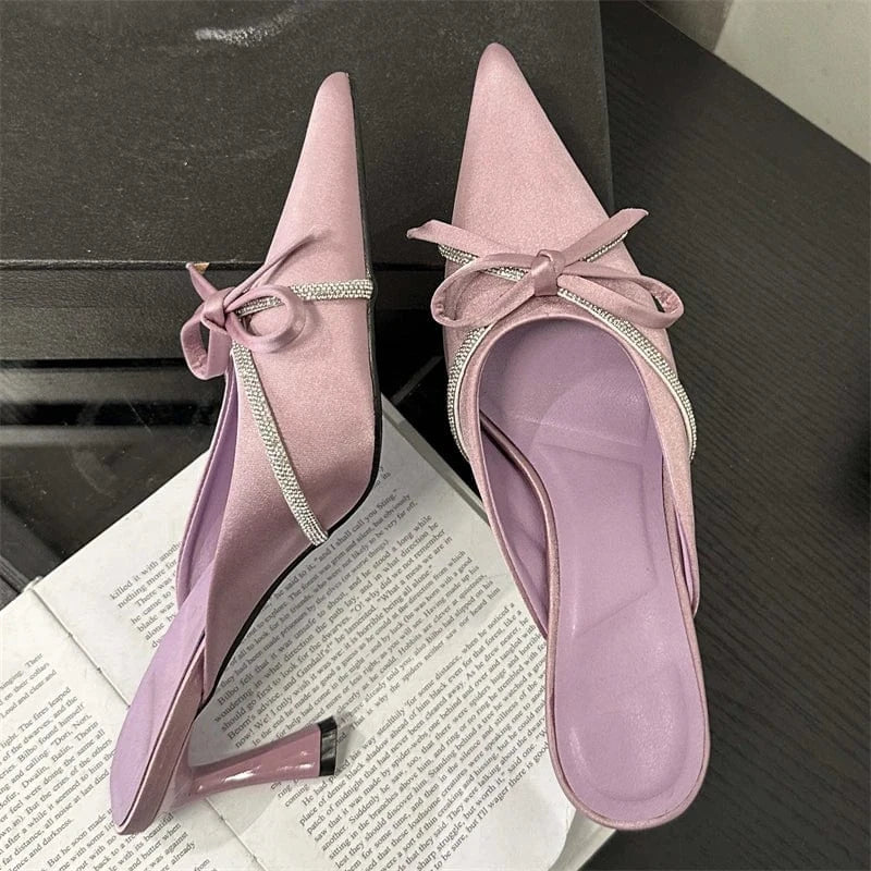 Aneikeh Party Bling Slip-On Butterfly-Knot Sweet Solid Flock Slingback Women Shoes Pointed Toe Leisure Shallow Shoes Fashion