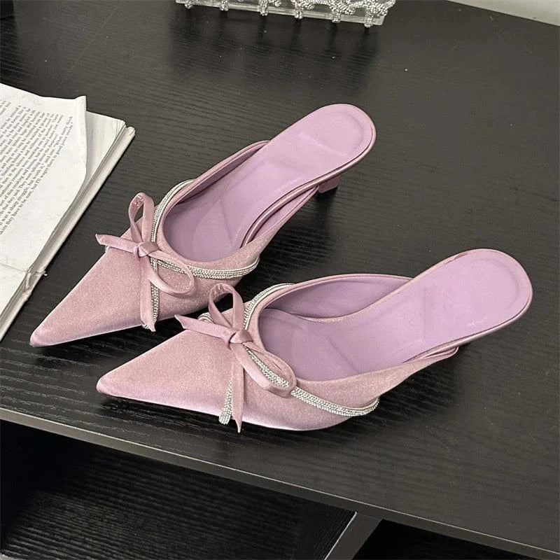 Aneikeh Party Bling Slip-On Butterfly-Knot Sweet Solid Flock Slingback Women Shoes Pointed Toe Leisure Shallow Shoes Fashion