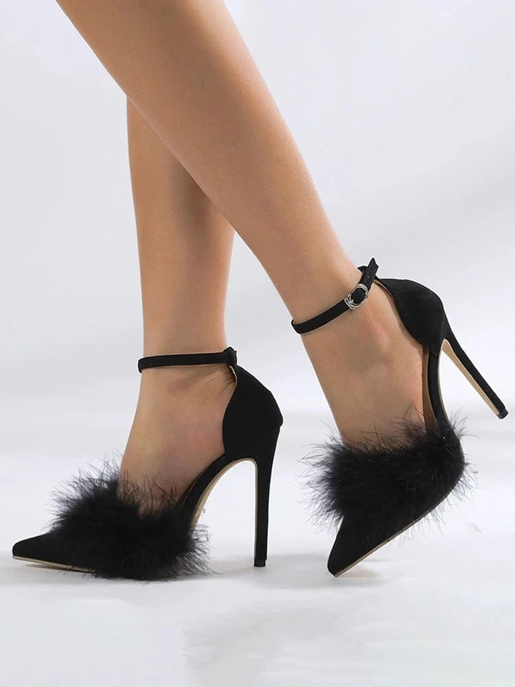 Aneikeh Sewing Flock Buckle Strap Party Solid Slingback Pumps Women Shoes Pointed Toe Shallow Shoes NEW Spring/Autumn Fashion