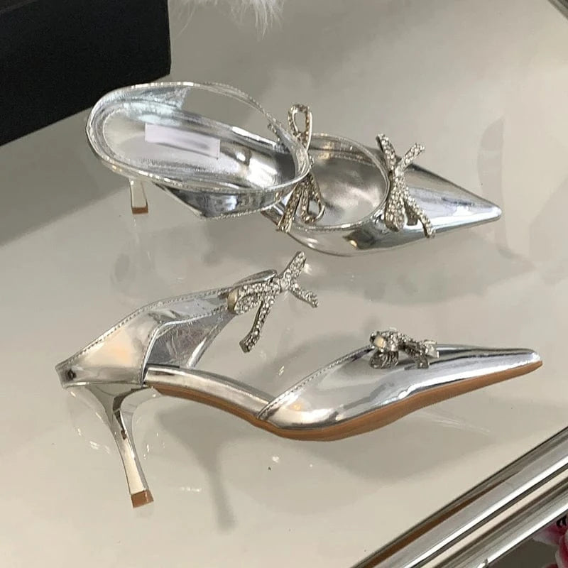 Aneikeh Sexy Grey Slip-On PU Pointed Slingbacks Single Shoe Shallow Wedding Dress Women Crystal Bow Stiletto Heels Summer 2023