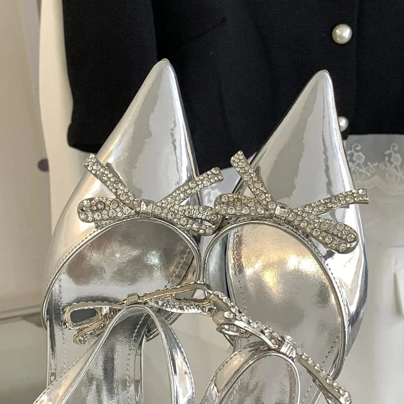 Aneikeh Sexy Grey Slip-On PU Pointed Slingbacks Single Shoe Shallow Wedding Dress Women Crystal Bow Stiletto Heels Summer 2023