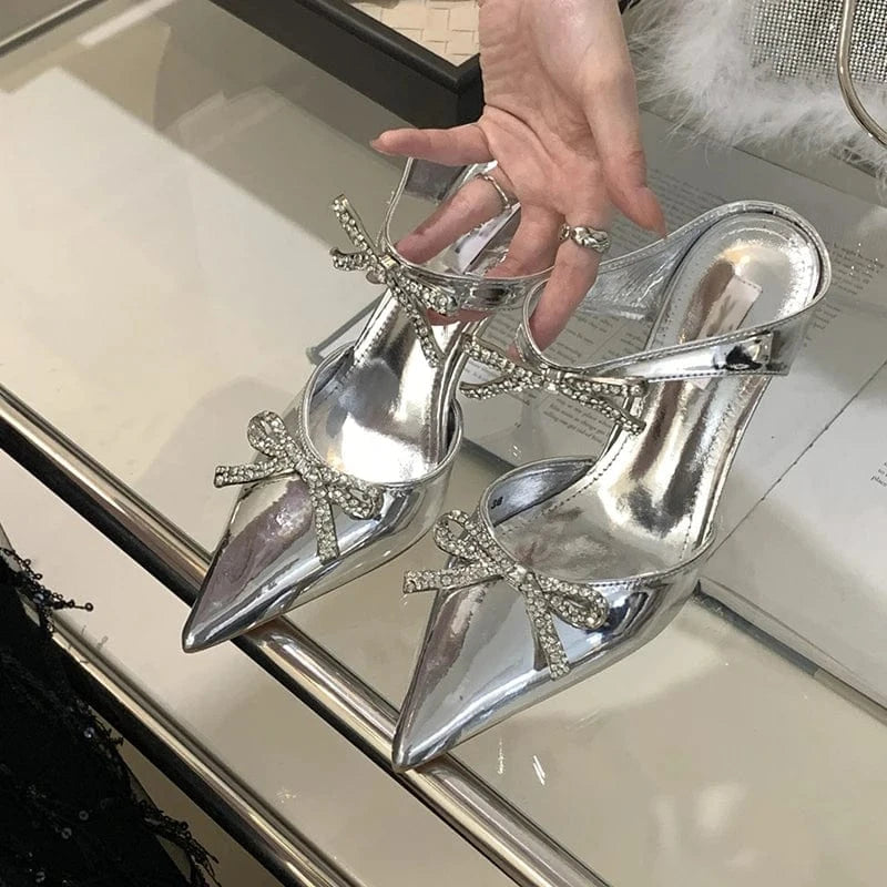 Aneikeh Sexy Grey Slip-On PU Pointed Slingbacks Single Shoe Shallow Wedding Dress Women Crystal Bow Stiletto Heels Summer 2023