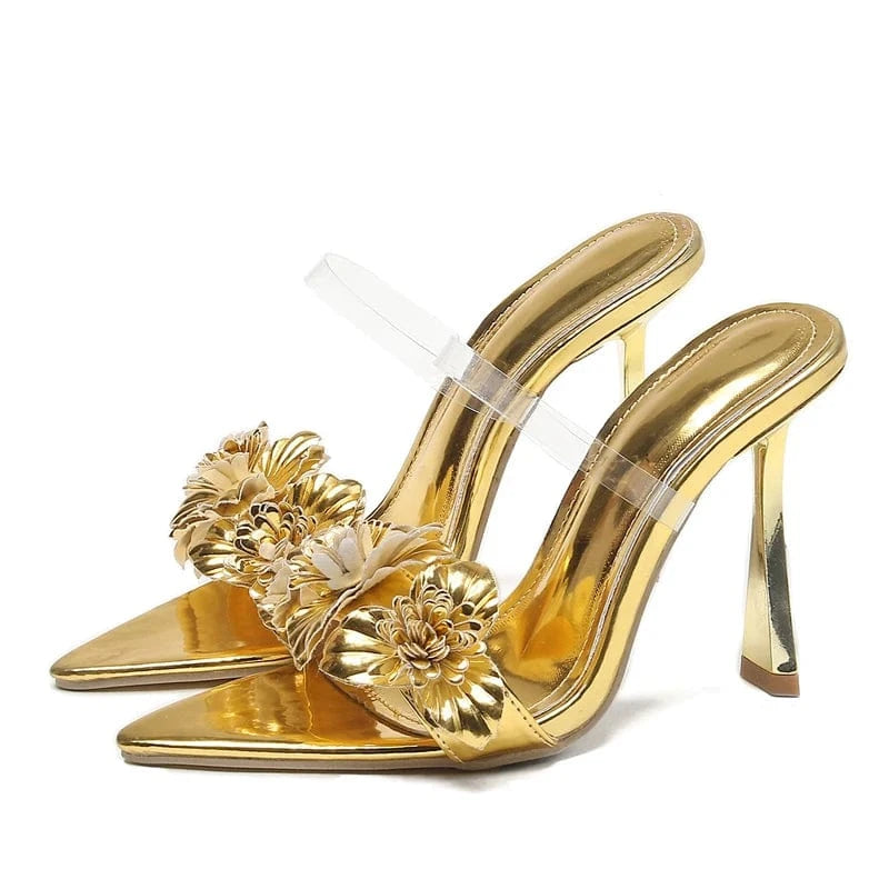 Aneikeh Silver PU Mixed Colors Sweet Pointed Toe Open Toe Heels Party Wedding 2023 Flower Decorative Stiletto Heel Sandals Women