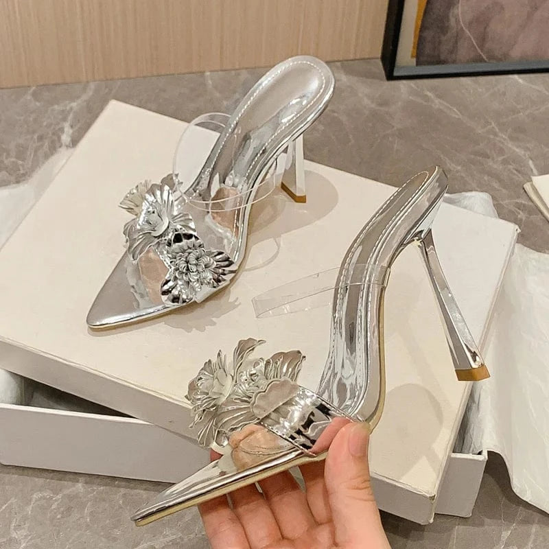 Aneikeh Silver PU Mixed Colors Sweet Pointed Toe Open Toe Heels Party Wedding 2023 Flower Decorative Stiletto Heel Sandals Women