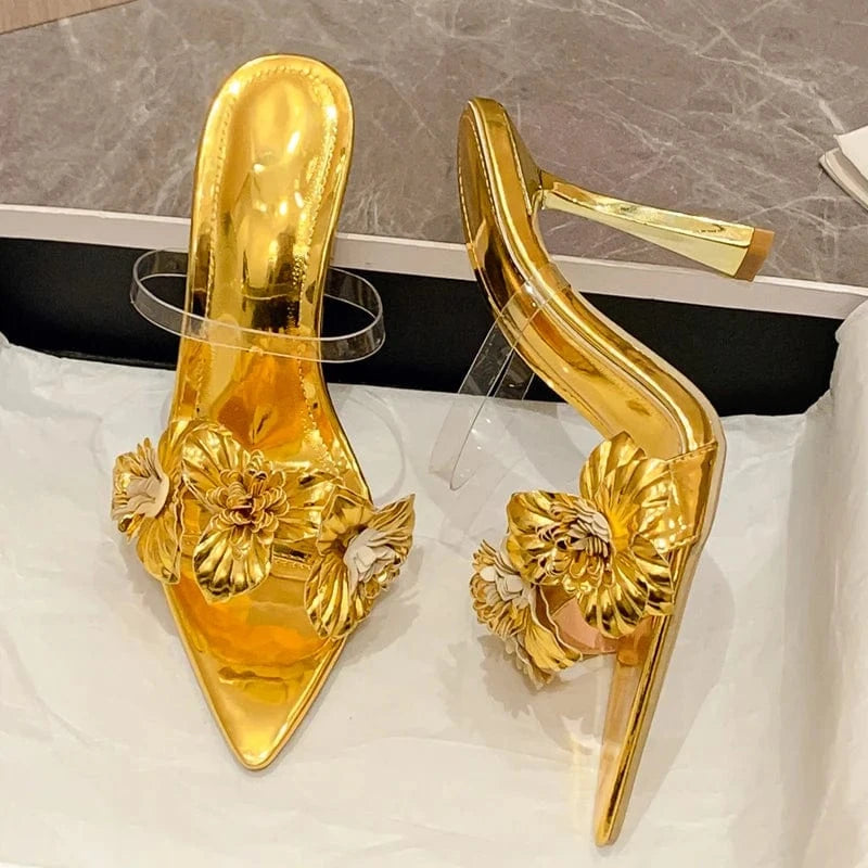 Aneikeh Silver PU Mixed Colors Sweet Pointed Toe Open Toe Heels Party Wedding 2023 Flower Decorative Stiletto Heel Sandals Women
