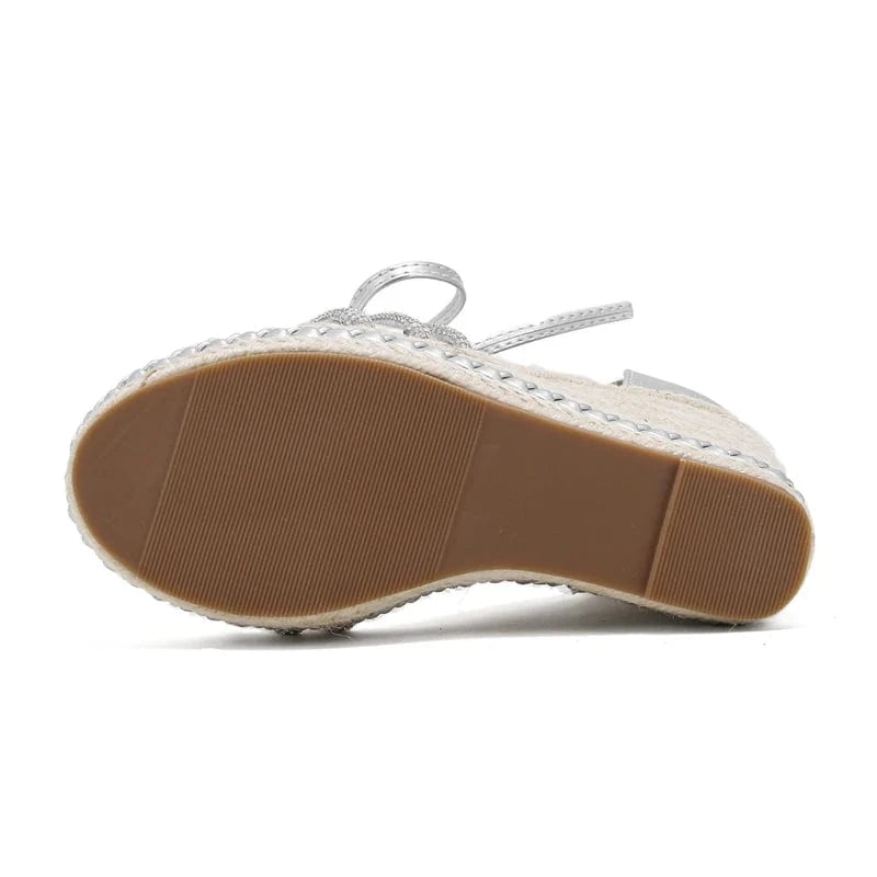 Aneikeh Silvery Lace-up 2024 Elegant Comfortable PU Crystal Wedges Shoes Women Platform Braid Open Toe Heel Ankle Strap Sandals