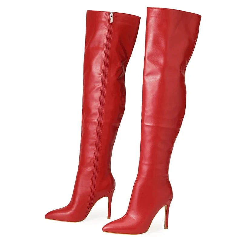 Aneikeh Solid PU Boots Pointed Toe Side Zippers Women Party Work Shoes 2024 Spring New Sexy Thin High Heel Women Over the Knee