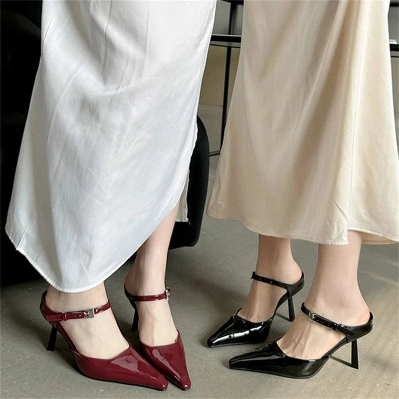 Aneikeh Wedding Elegant Buckle Flock Party Solid Slingback Women Shoes Thin Heels Pointed Toe Buckle Strap Shallow Shoes Fashion