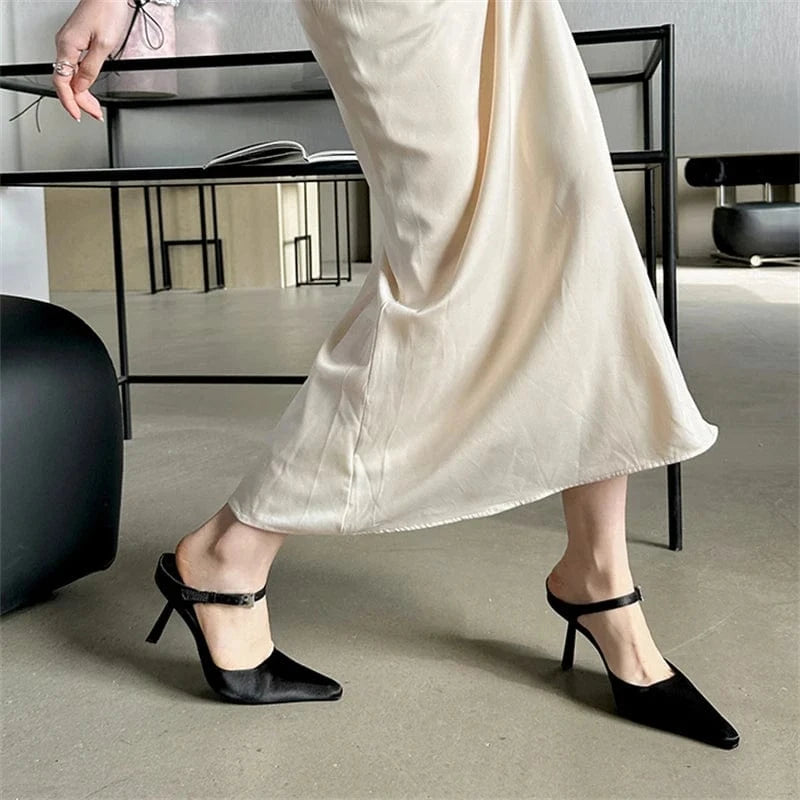 Aneikeh Wedding Elegant Buckle Flock Party Solid Slingback Women Shoes Thin Heels Pointed Toe Buckle Strap Shallow Shoes Fashion