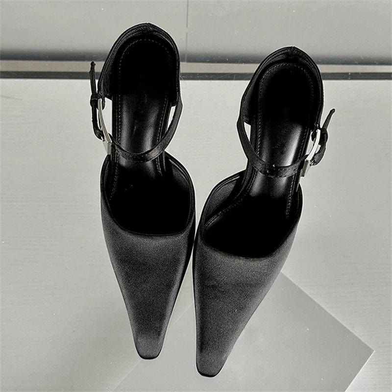 Aneikeh Wedding Elegant Buckle Flock Party Solid Slingback Women Shoes Thin Heels Pointed Toe Buckle Strap Shallow Shoes Fashion