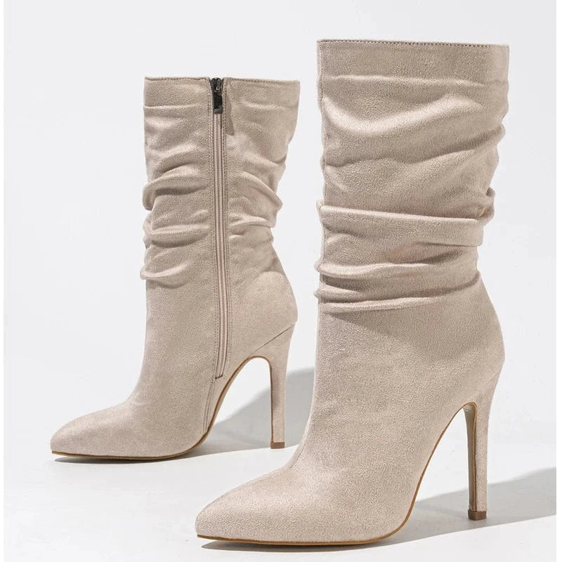 Aneikeh Wedding Pleated Flock Fashion Solid Platform Zipper Boots Women Winter Fashion Pointed Toe Thin High Heel Short Botas