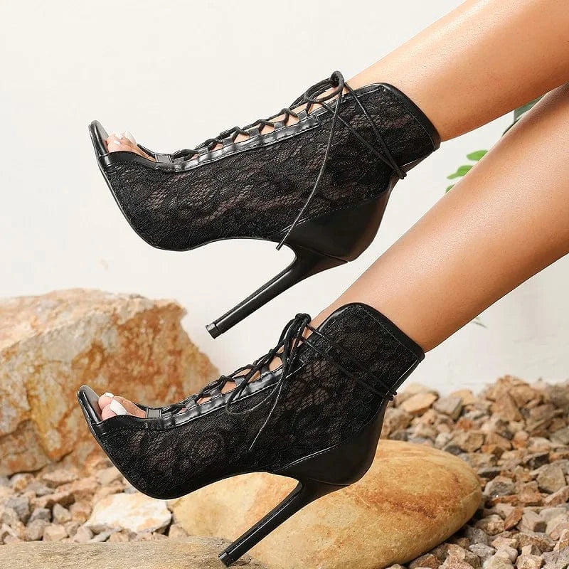 Aneikeh Women's Summer Open Toe Cross Strap Sandals Boots Party Ball 2024 Fashion Sexy Lace Splicing Thin High Heel Ankle Boots